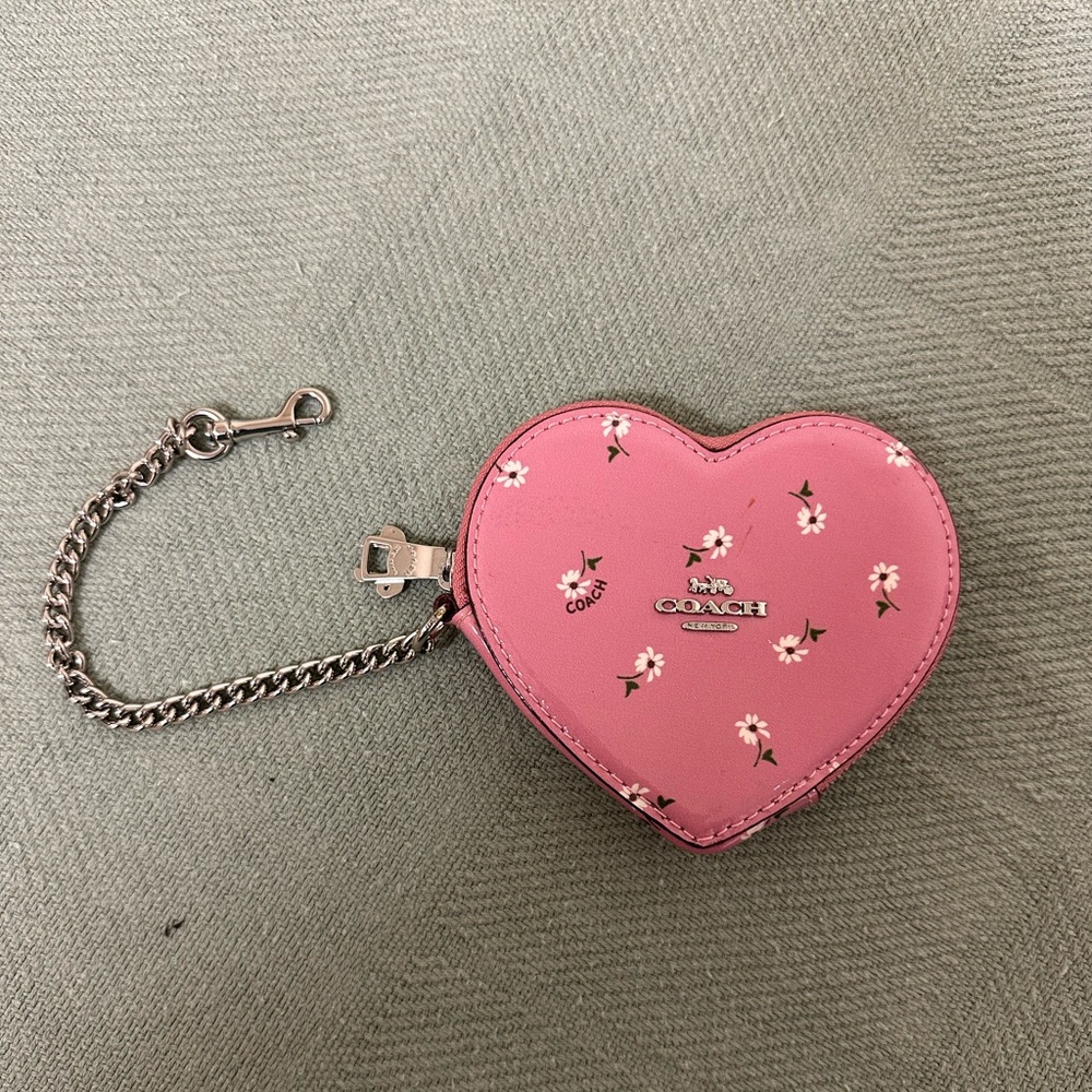 Coach heart patent leather pink zip around coin purse with Silver hardware